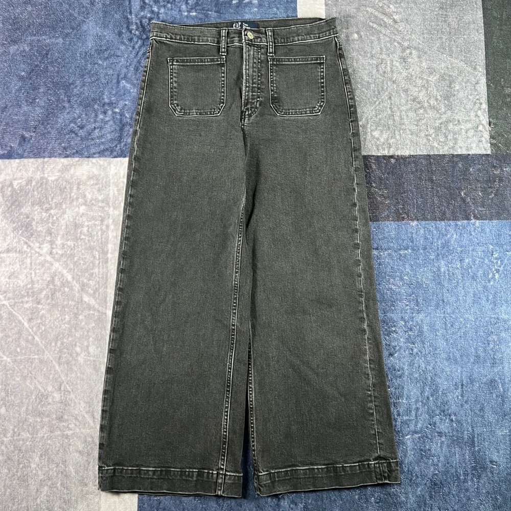 Gap Women High Rise Wide Leg Crop Jeans Faded Black Size 10/30R Patch Pockets